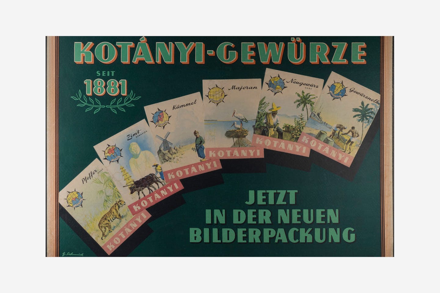 Reklamni poster tvrtke Kotányi s ilustriranim vrećicama iz 1970.