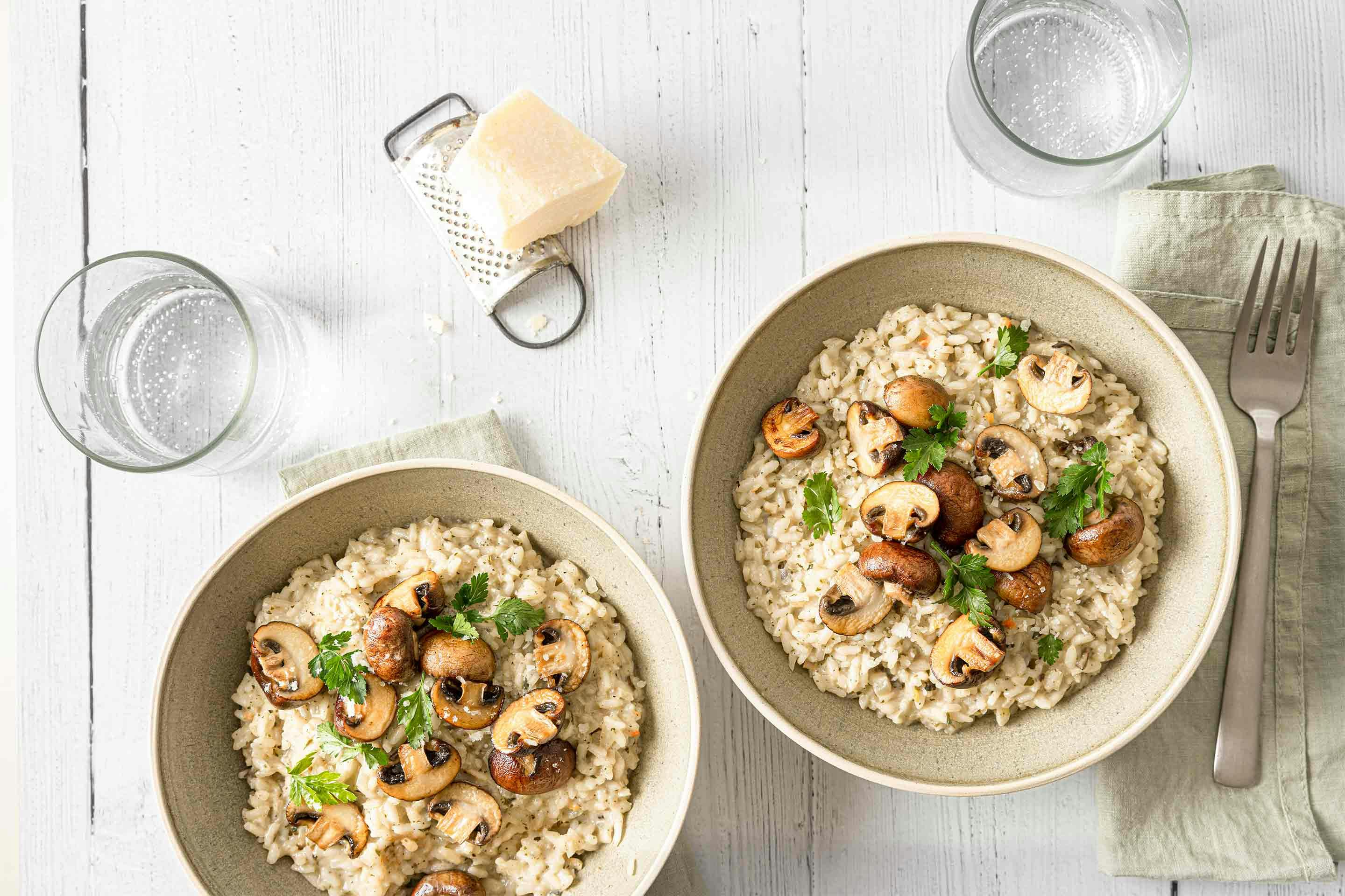 Two bowls of our mushroom risotto – delicious and done in no time.