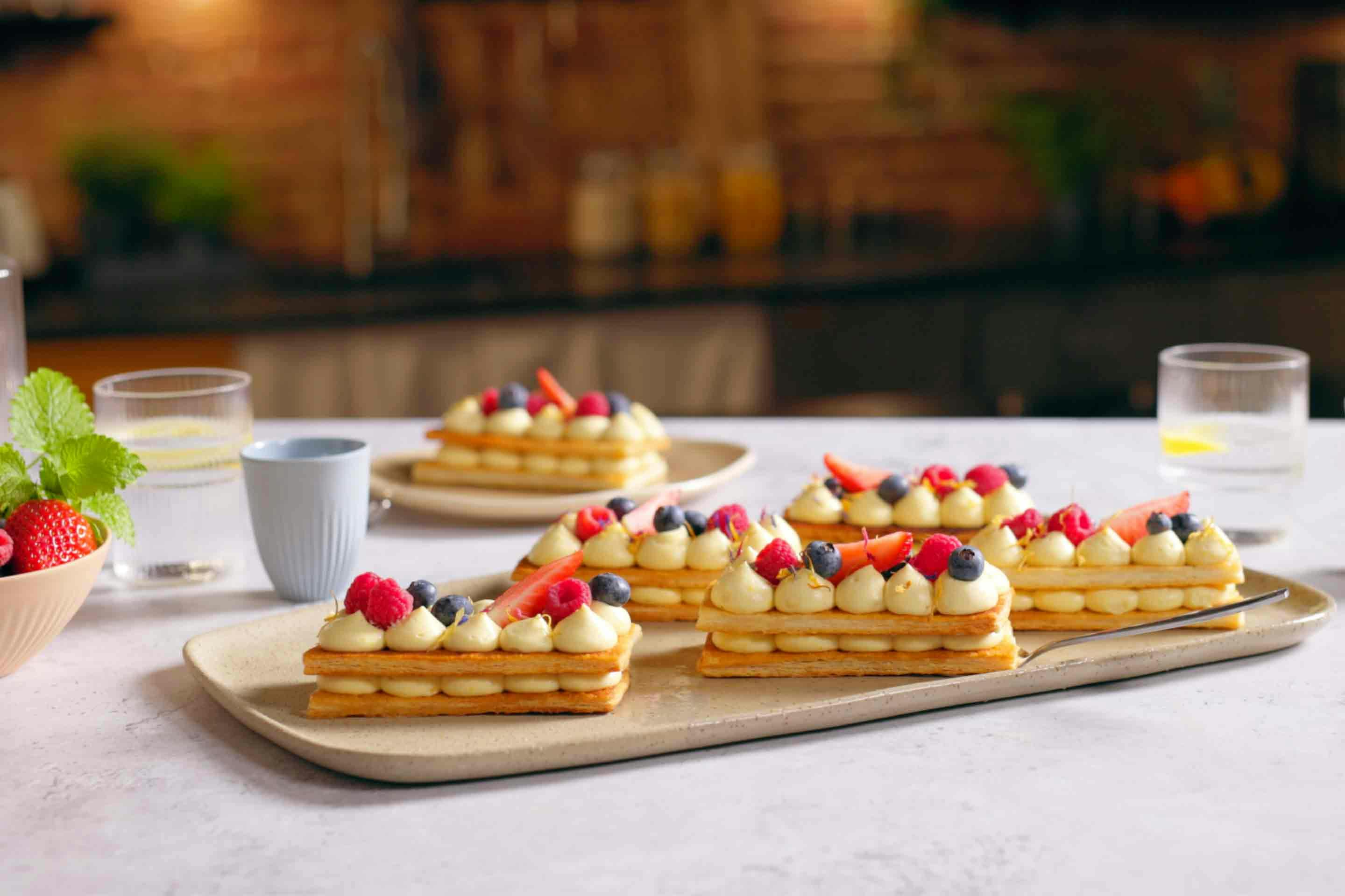 French mille feuille with sweet tonka bean cream and fresh berries.
