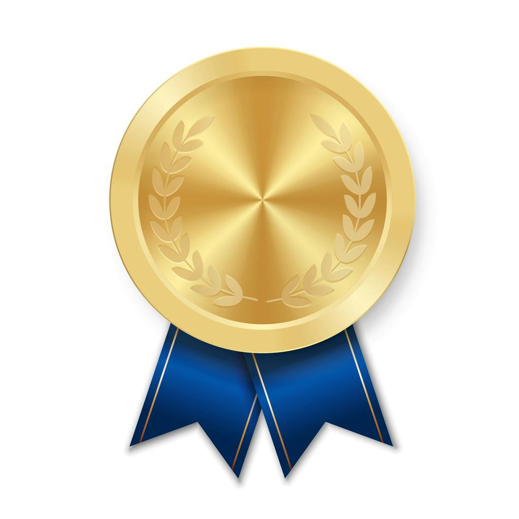 Golden Award Sport Medal For Winners With Blue Ribbon